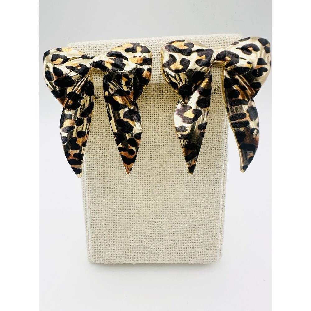 Gold Tone Leopard Bow Pierced Statement Earrings